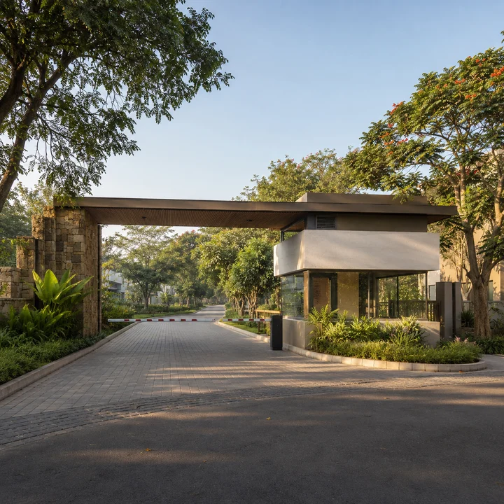 Asian Fab Kengeri indicative gated entrance with a cantilevered canopy, guard kiosk and tree-lined internal avenue