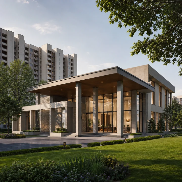 Asian Fab Kengeri indicative clubhouse with a deep porte-cochere and double-height glazed lounge, the one amenity named in the filed project title
