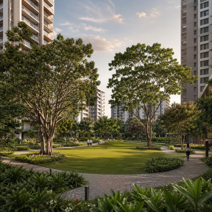 Asian Fab Kengeri indicative central landscaped green at dusk with an oval lawn, loop walk and mature flowering trees