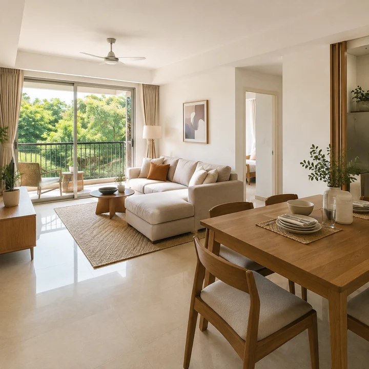 Asian Fab Kengeri indicative apartment living and dining interior opening to a balcony over the landscaped grounds