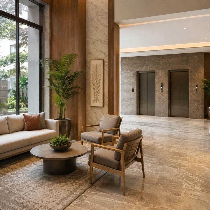 Asian Fab Kengeri indicative double-height tower lobby with stone and timber panelling and a lounge seating group