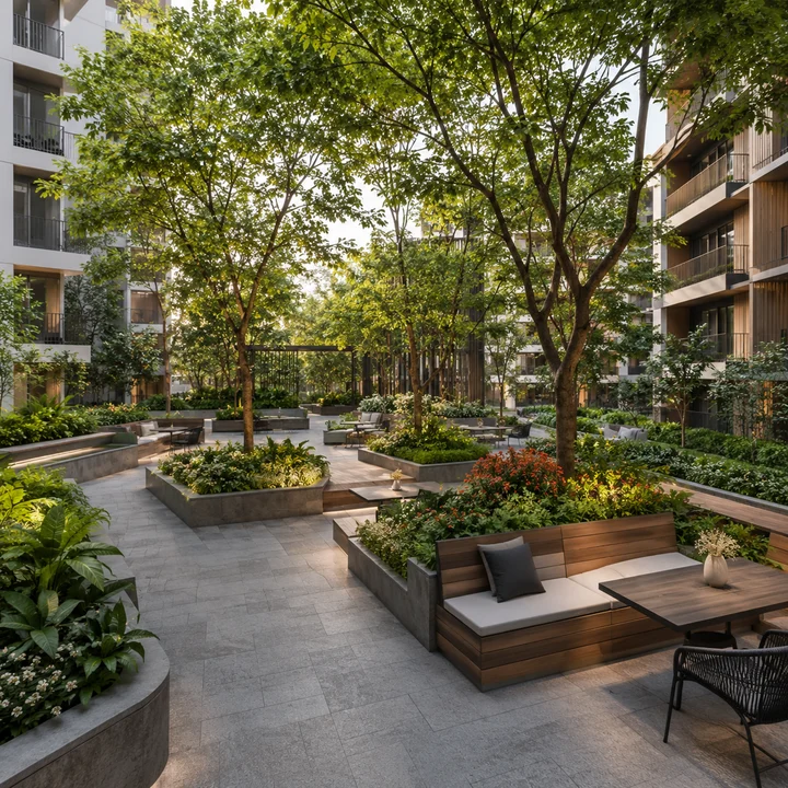 Asian Fab Kengeri indicative podium courtyard with raised planters, timber bench seating and cafe tables over basement parking