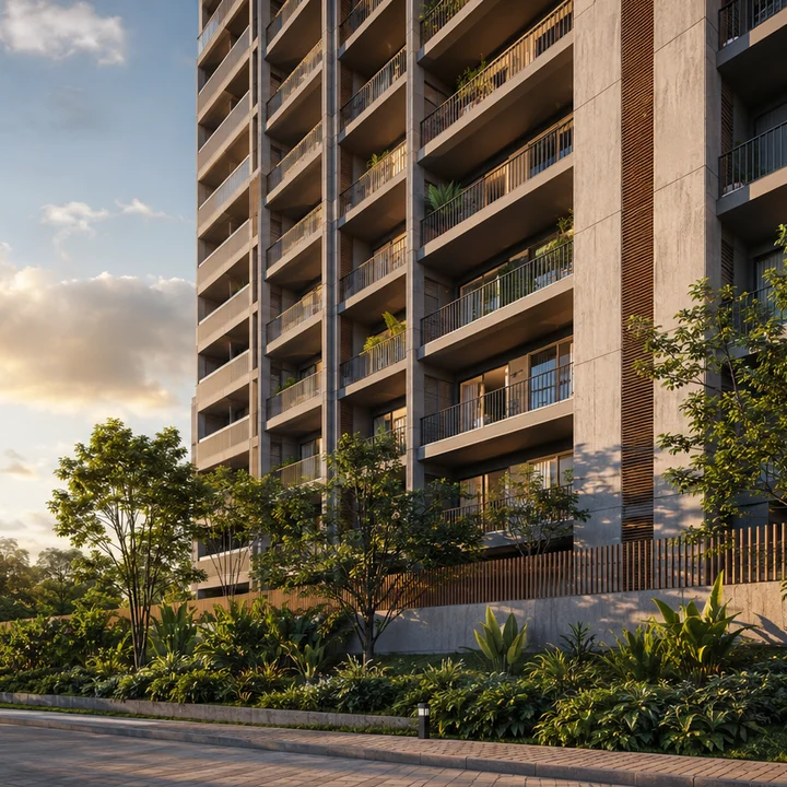 Asian Fab Kengeri indicative street-level view along the base of a residential tower at sunset, Doddabele, Kengeri