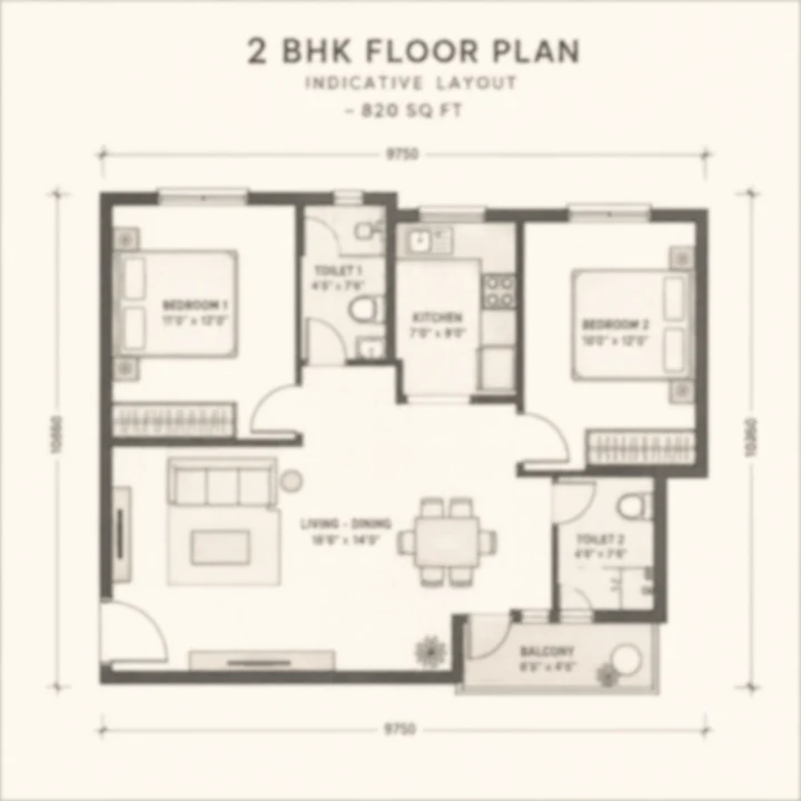 Asian Fab Kengeri 2 BHK indicative floor plan, roughly 820 sq ft within the client brief's unconfirmed 750 to 950 sq ft band