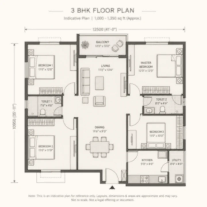 Asian Fab Kengeri 3 BHK indicative floor plan, 1,000 to 1,350 sq ft on the client brief's tentative band