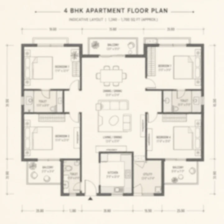 Asian Fab Kengeri 4 BHK indicative floor plan, four corner bedrooms and three toilets, 1,340 to 1,700 sq ft on the brief's unconfirmed band